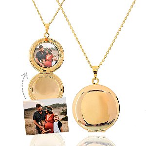 colar relicário foto redondo liso dourado