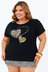 TSHIRT VISCOLYCRA PLUS SIZE - 3 CORAÇÕES PRETA