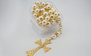 TERÇO NOIVA PEROLA DOURADO 14 MM