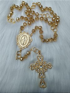 TERÇO NOIVA CRISTAL 10 MM DOURADO ALIANÇA TREVO GRAÇAS