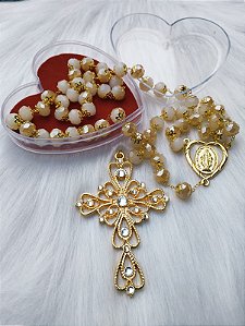 TERÇO NOIVA CRISTAL DOCE DE LEITE 10MM DOURADO TREVO CORAÇAO