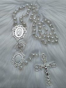 TERÇO NOIVA CRISTAL 12MM RELICARIO CORAÇAO STRASS PRATA