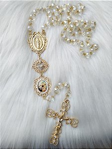 TERÇO NOIVA CRISTAL 12MM RELICARIO CORAÇAO STRASS DOURADO