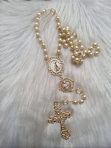 TERÇO NOIVA PEROLA DOURADO 8MM