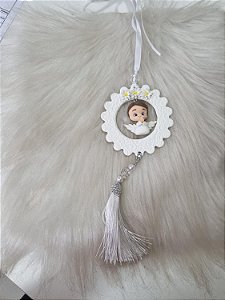 ADORNO BISCUIT REDONDO POMPOM ANJO BRANCO