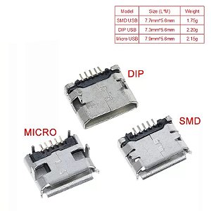 Conjunto de Conectores Micro USB 5 Pinos - Escolha entre DIP e SMD (10/100 peças)
