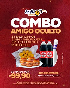 ADRIANÓPOLIS - COMBO AMIGO OCULTO: 01 Hora de Boliche + 25 Salgadinhos + 05 Mini Hambúrgueres + 2 Pets 2L de R$159,15 POR APENAS R$99,99 *Consulte as regras na descrição*