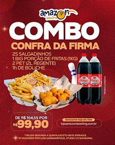 ADRIANÓPOLIS - COMBO CONFRA DA FIRMA: 01 Hora de Boliche + 25 Salgadinhos + 01 Kg de Fritas + 2 Pets 2l DE R$164,55 POR APENAS R$99,99 *Consulte as regras na descrição*