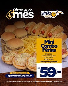 ESPECIAL - Mini Combo Férias: 05 Mini Pizzas, 05 Mini Hambúrgueres, 05 Hot Dogs e 400g de Fritas *Consulte as regras do cupom na descrição*.