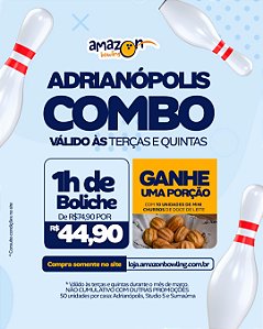 ADRIANÓPOLIS - COMBO DE MARÇO: Compre 01 Hora de Boliche com desconto e GANHE 01 Porção de Mini Churros (10un) de R$87,80 por apenas R$49,90 *Consulte as regras na descrição*