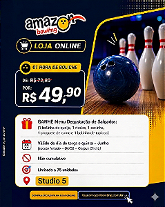 STUDIO 5 - CLIQUE BOWLING JUNHO: Compre 01 Hora de Boliche com desconto e GANHE 01 Menu Degustação de R$74,90 por apenas R$49,90 *Consulte as regras na descrição*