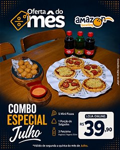 ESPECIAL DE JULHO - 5 Mini Pizzas + 1 Porção Salgados (10un) + 3 Petzinhos de 350ml *Consulte as regras do cupom na descrição*.