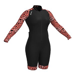 Macaquinho De Ciclismo Feminino Oncinha Animal Print Refletivo Coral Manga longa