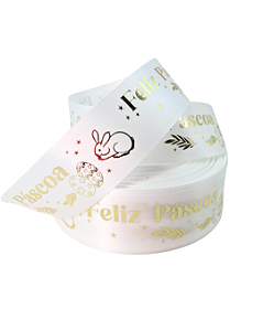 50M-Fita de Cetim Branca Páscoa Impressão Dourado