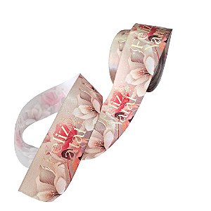 25M- Fita Cetim 3,8m Estampa HD FLORAL - Hot Stamping