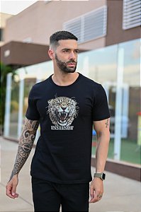 Camiseta Premium Algodão Preta leopardo Estampada Menegotti