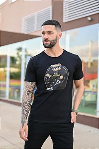 Camiseta Premium Algodão Preta Urso Estampada Menegotti