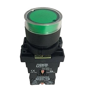 CHAVE PUSH BUTTON COMANDO 220V VERDE NA/NF METALTEX M20IFR