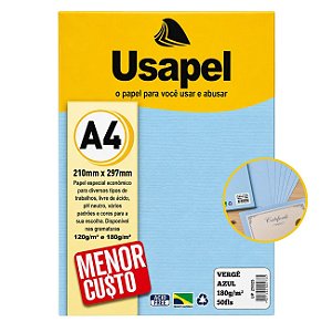 Papel Vergê A4 180g Pacote 50 Folhas Cor Azul Usapel