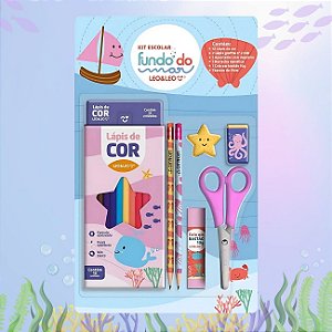 Kit Escolar Fundo do Mar 7 Peças com Lápis de Cor 12 cores Leonora