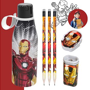 Kit Escolar Homem de Ferro Vingadores Lápis Borracha Apontador + Copo 530ml Plasútil Infantil Ensino Fundamental 6pc