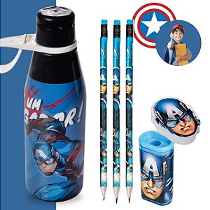 Kit Escolar Capitão América Lápis Borracha Apontador + Copo 530ml Plasútil Vingadores Infantil Ensino Fundamental 6pc