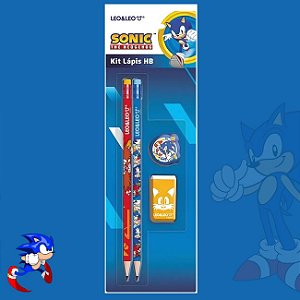 Kit Escolar Sonic 4 Peças com Lápis Preto Borracha Apontador Leonora