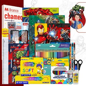 Kit Material Escolar Avengers Volta As Aulas 74 itens com Cadernos Completo Ensino Fundamental ou Infantil