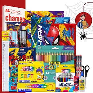 Kit Material Escolar Volta As Aulas Infantil 72 itens Spider Man Marvel para Ensino Fundamental ou Infantil
