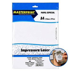 Vinil Branco Adesivo Glossy A4 135g para Impressora Laser com 10 Folhas Masterprint