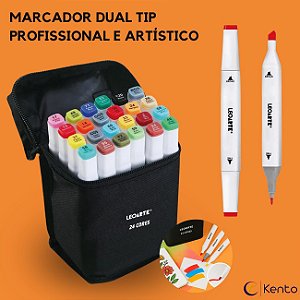 Marcador Ponta Dupla Dual Tip Profissional e Artístico Estojo em Tecido 24 Cores Leonora