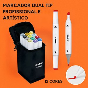 Marcador Ponta Dupla Dual Tip Profissional e Artístico Estojo em Tecido 12 Cores Leonora