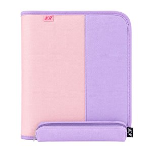 Caderno Argolado Fichário Bicolor Tons Pastéis Rosa Lilás com Estojo Folhas e Divisórias ACP