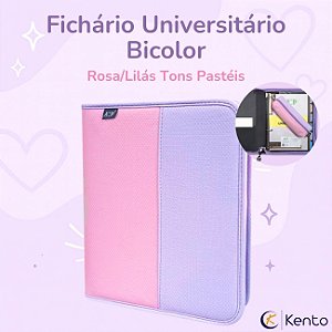 Caderno Argolado Fichário Bicolor Tons Pastéis Rosa Lilás com Estojo Folhas e Divisórias ACP