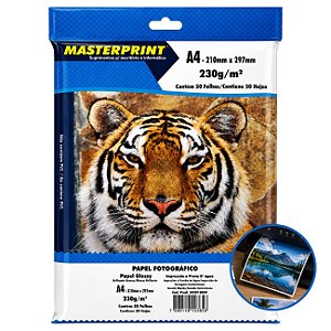 Papel Fotográfico A4 Glossy 230g Masterprint 50 Folhas Alto Brilho à Prova d’Água para Impressora Jato de Tinta