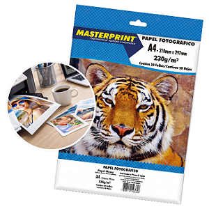 Papel Fotográfico A4 Glossy 230g Masterprint 50 Folhas Branco Brilhante à Prova de Água.
