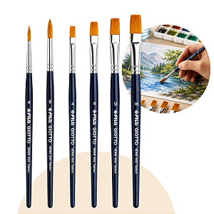 Kit 6 Pincéis Giotto Taklon Sintético Redondo e Chato para Pintura Aquarela Guache Acrílica