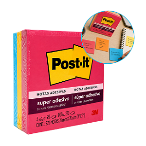 Post-It 76x76mm 3 Blocos 270 Folhas Original Cores Divertidas 3M