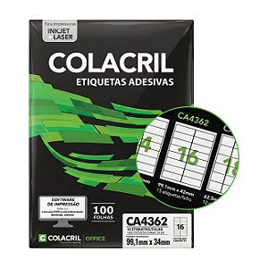 Etiqueta Adesiva A4 99,1x34mm Colacril CA4362 100 Folhas Brancas Inkjet Laser