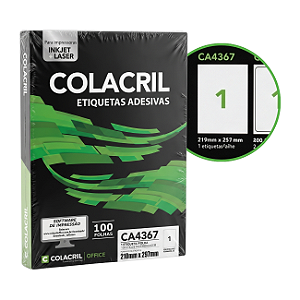 Etiqueta Adesiva A4 Inteira 210x297mm Colacril CA4367 100 Folhas Brancas Inkjet Laser