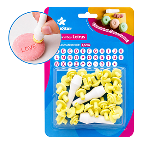 Kit Letras Estilo Carimbo BlueStar Amarelo com 32 Peças + 3 Cabos – Alfabeto Completo