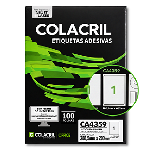 Etiqueta Adesiva Colacril A4 288,5x200mm CA4359 Branco InkJet e Laser 100 Folhas