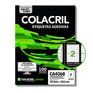 Etiqueta Adesiva Colacril A4 143,4x199,9mm CA4368 InkJet e Laser 100 Folhas 200 Etiquetas Branco