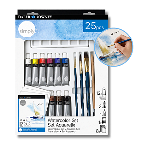 Kit Pintura Aquarela Iniciante 25pcs Daler Rowney Simply com Tinta Pincéis Lápis Godê e Bloco Papel