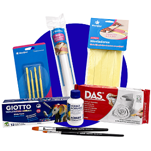 Kit Artesanato Cerâmica Fria com Massa DAS 1Kg com Verniz Tinta Acrílica Pincéis Ferramentas