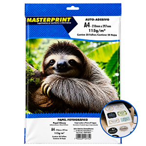 Papel Fotográfico Glossy Autoadesivo A4 115g Branco 50 Folhas Masterprint