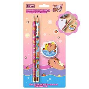 Kit conjunto Escolar Capyclub Capivara com 2 Lápis Pretos nº 2 + 1 Borracha Tilibra
