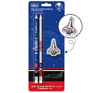 Kit Escolar NASA 3pcs com 2 Lápis Preto Nº 2 + 1 Borracha Foguete Tilibra