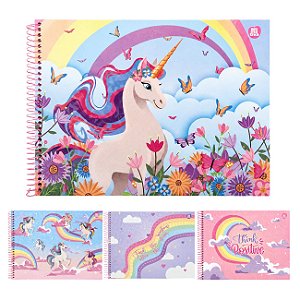Caderno de Desenho 60fls Capa Dura Unicornio Arc-en-ciel 2027 com Adesivos Animativa