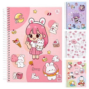 Caderno Universitário Sarang 10 Matérias 160 Folhas Capa Dura com Adesivos Estilo Kawaii Animativa